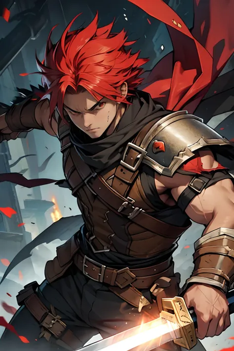 Damaged hair from fire,1 man, Red Eyes, Serious expression, Monster Hunter Style, sword on hand, rowdy, high details