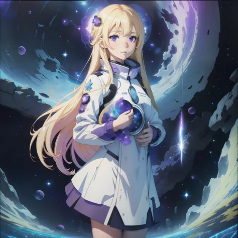 Light blonde-haired anime girl with pale bluish-violet eyes in a blue planet aquarium,estrellas galaxias, Standing nebulae alone by themselves