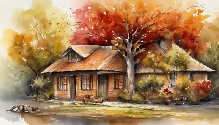 Old residential area，Red brick building，Big banyan tree，Clean the pavement，defoliation，autumnal，in the early morning，Light yellow tones，ultra-fine，Meticulously depicted，High Quality，8K，