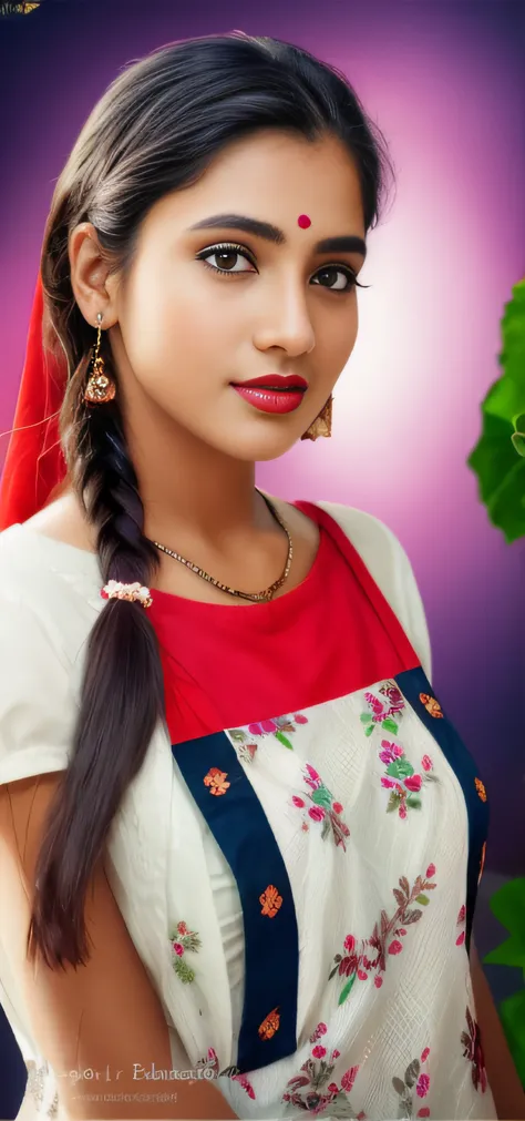 there is a young girl with a black apron and a red lipstick, very beautiful girl, very beautiful enga style, with lovely look, with accurate face, cute beautiful, indian female model, attractive girl, beutiful face, very beautiful photo, beuatiful face, be...