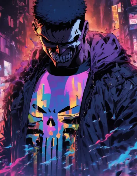 Le Punisher de 19 ans porte un T-shirt noir et une veste noire ,Yusuke Murata Artstyle, Anime One Punsh Man Style d’art anime , mappa studio animation style