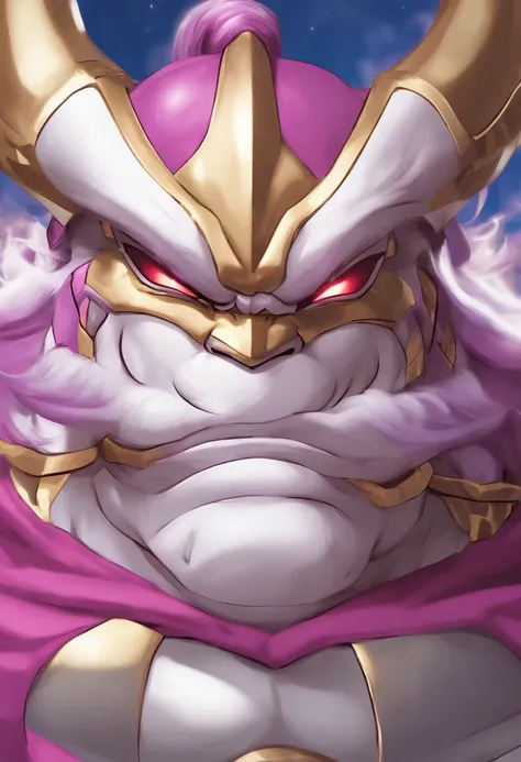 um close up de um personagem de desenho animado em uma roupa roxa, Personagem Dragonball, Orgulhoso Onion Hybrid Thanos, pink iconic character, arte conceitual de dragon ball, pose mais forte, Akiri Toriyama, saggy purple robes, imagem anime gelbooru, Anim...