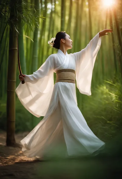 A Chinese woman dancing a sword in a bamboo forest，white hanfu，light wind，Tyndall rays，k hd，exteriors，8K