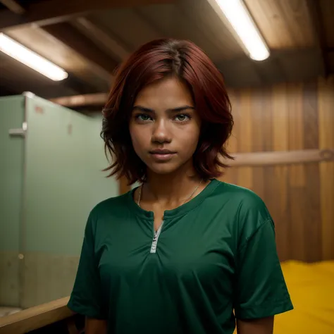 A Photo Of One Young Teen Girl, ((Tupi Guarani Girl)), ((Tupinambá)), ((Teenager)), ((15 Years Old)), ((Tanned Skin Tone)), ((Face Features Of Taylor Lautner and Adriana Lima)), ((Short Hair)), (Straigth Hair), ((Dyed Red Hair Color)), Flowy Hairstyle, Por...