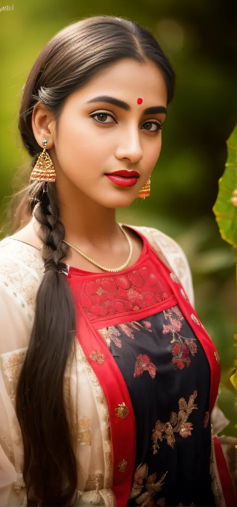 there is a young girl with a black apron and a red lipstick, very beautiful girl, very beautiful enga style, with lovely look, with accurate face, cute beautiful, indian female model, attractive girl, beutiful face, very beautiful photo, beuatiful face, be...