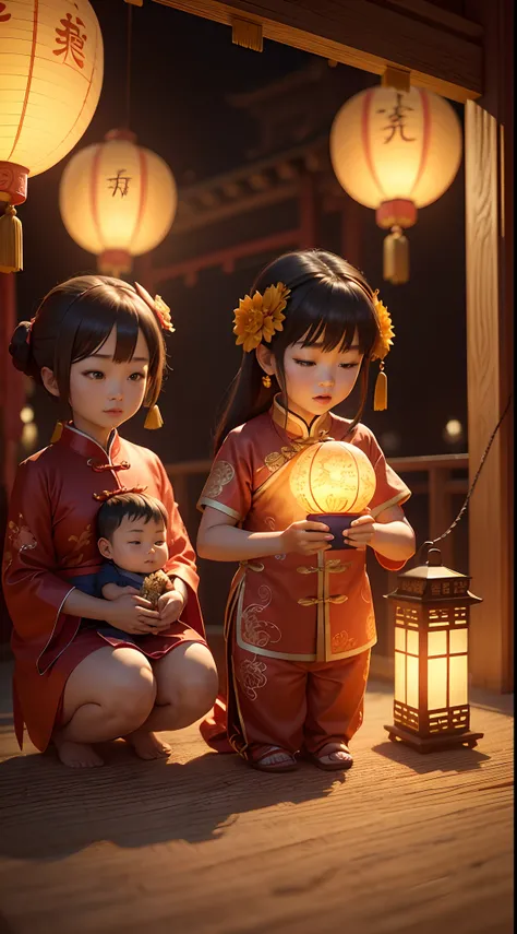 Chinese New Year，Mom and dad with kids,Take the gift，anime styled 3d, 8k high-quality detailed art,3 d render stylized,   Small Chinese lantern and Chinese elements in the background,8K, cute 3 d render, Anime Stylization, Soft lighting,The light is earthy...