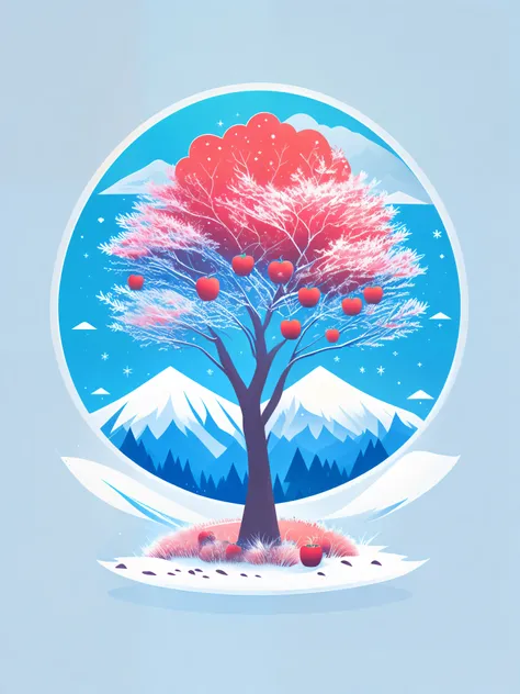 a spruice Apple tree in a winter landscape, tshirt design, rzminjourney, vector-art