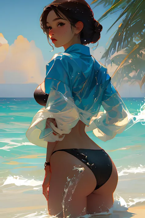 Prominent buttocks .See background sharp details.soaked with liquid.Brown hair.Black eyes.Bikini.Beach background