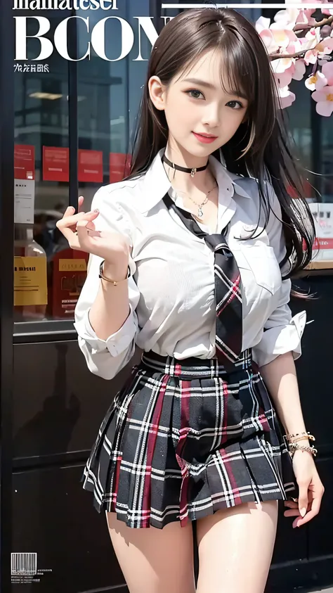 masterpiece, best quality, full body, 1girl, bangs, black choker, black necktie, black hair, blue skirt, blush, bracelet, breasts, choker, clothes around waist, collarbone, collared shirt, cowboy shot, dress shirt, ear piercing, eyebrows visible through ha...