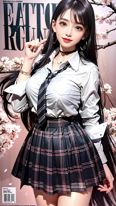 masterpiece, best quality, full body, 1girl, bangs, black choker, black necktie, black hair, blue skirt, blush, bracelet, breasts, choker, clothes around waist, collarbone, collared shirt, cowboy shot, dress shirt, ear piercing, eyebrows visible through ha...