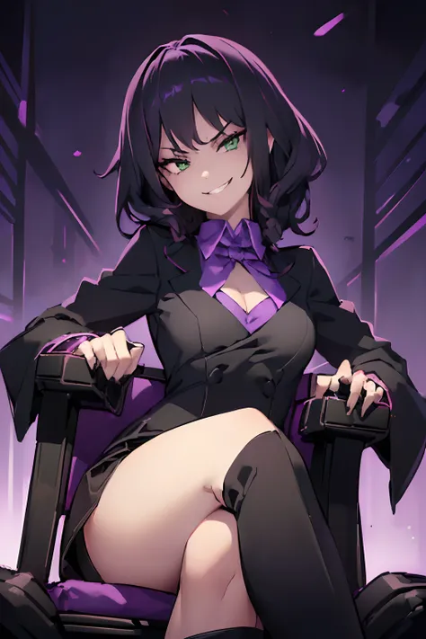 (((cheeky looking buisness woman with a devious grin, black dyed hair, green eyes, small bust, making a smug and haughty expression, sitting in an office chair, dark atmosphere, dim purple pink lighting)))