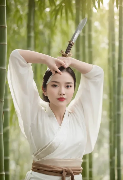 A Chinese woman dances a sword dance in a bamboo forest，White Hanfu，Light wind，Tyndall rays，k hd，exteriors，8K，Masterpiece, Best quality, {Best quality}, {{Masterpiece}}, {A high resolution}, Focus,