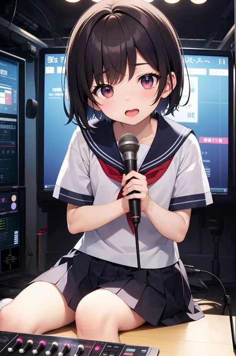 Shota、Mans daughter、short-haired、A dark-haired、hime-cut、a sailor suit、broadcast room、mixer、Stand Microphone、Sit up