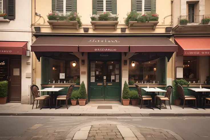 (masterpiece:1.0), (best quality:1.0), the outside of an italian restaurant with several tables on the pavement, on an open square, highly detailed