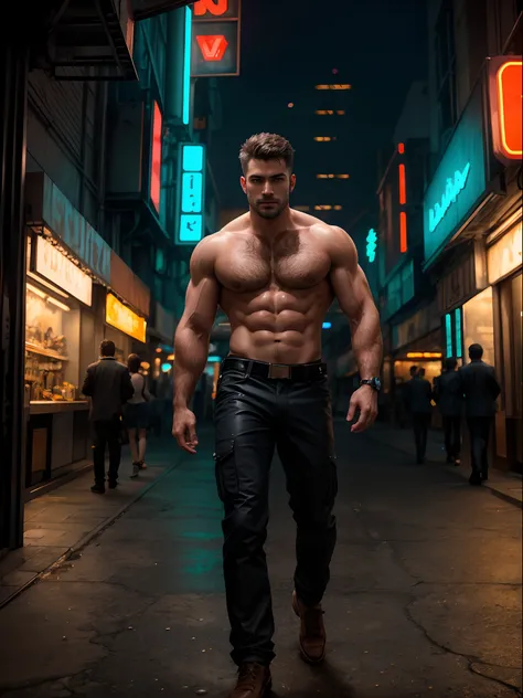 masterpiece, best quality, high resolution, closeup portrait, full body, male focus, solo focus, muscular, burly, hairy, male, (no shirt: 1.2), A handsome man, with robot body parts, in a cyberpunk city, neon lights, blurred background, scruffy face, arrog...