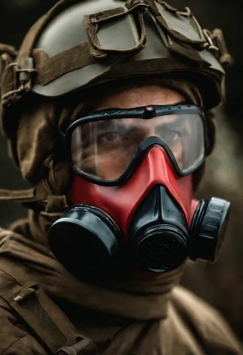 A man with a respiratory mask,olhando para frante,ao fundo uma cena de guerra entre soldos