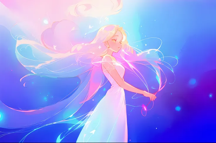 anime, a girl with long hair, in a white dress, holding a pink and blue ball, long glowing ethereal hair, glowing flowing hair, flowing glowing hair, anime girl with cosmic hair, beautiful young wind spirit, long glowing hair, beautiful anime art style, be...