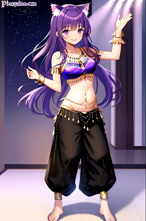 (((cat girl))), (((purple hair))), (((smile))), (((full body))), (((standing pose))), (((sexiest belly dance top))), ((((long and baggy Belly Dance Harem Pants)))), (((bare feet))), (((fully detailed)))