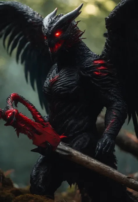 Black monster with 3 big red wings, one red visor, one long tail and chainsaw hands