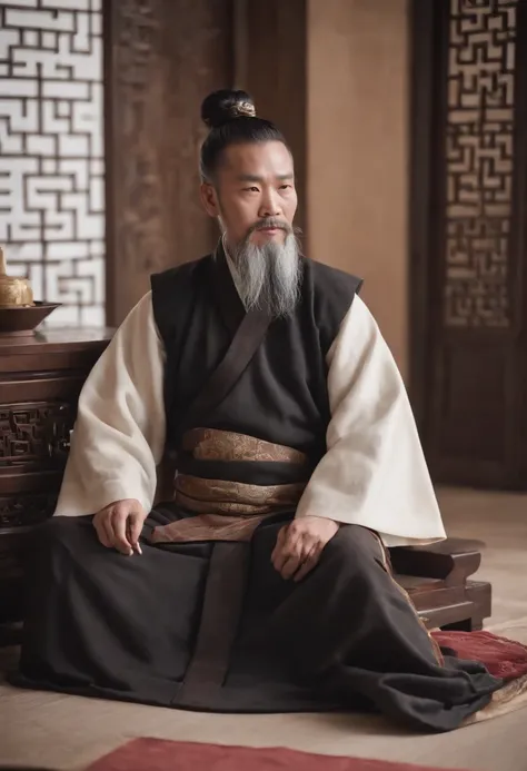 An ancient Chinese man，Homem de meia idade，Long beard，hair-bun，Bunched hair，Half recumbent，Hanfu，Folding fan in hand，k hd，exteriors，8K，Masterpiece, Best quality, {Best quality}, {{Masterpiece}}, {A high resolution}, Focus,Traditional Chinese interior，