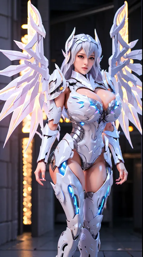 SILVER DRAGON QUEEN, HUGE BOOBS, BATTLE ARMOR SUIT, CLEAVAGE, (A PAIR OF BIG WINGS:1.5), TRANSPARANT, TALL LEGS,  STANDING, SEXY BODY, MUSCLE ABS.