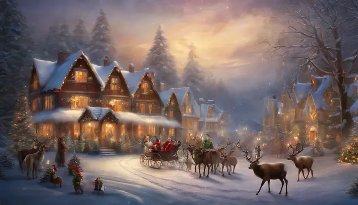 Mainly Christmas theme，Rich and super interesting content，（Santa Claus，Reindeer，Christmas Elves，Naughty Children，Nice Children）Painting way display，Super HD，ultra-detailliert，rendering，  high details  high quality --aspect 16:9