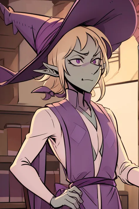 Taako, 1boy, elf, mint green skin, blonde hair, long pointy ears, pointy nose, purple eyes, purple witch hat, purple robe, white blouse, indigo pants, dark blue boots, navy blue skirt, perfect anatomy, solo, upper body