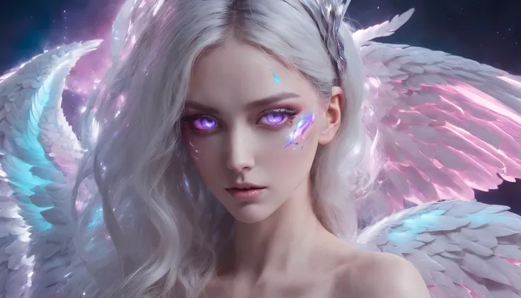 Cosmic Fallen Angel, glowing light eyes, Delicate and beautiful face，Bigchest，Biomechanical, eerie, Dream-like, Very bright colors, Light particles, with light glowing, Mshiv, wallpaper art, UHD wallpaper