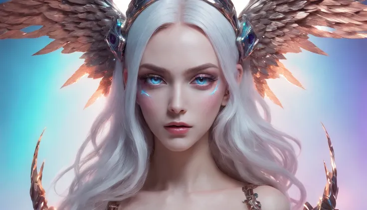 Cosmic Fallen Angel, glowing light eyes, Delicate and beautiful face，Bigchest，Biomechanical, eerie, Dream-like, Very bright colors, Light particles, with light glowing, Mshiv, wallpaper art, UHD wallpaper