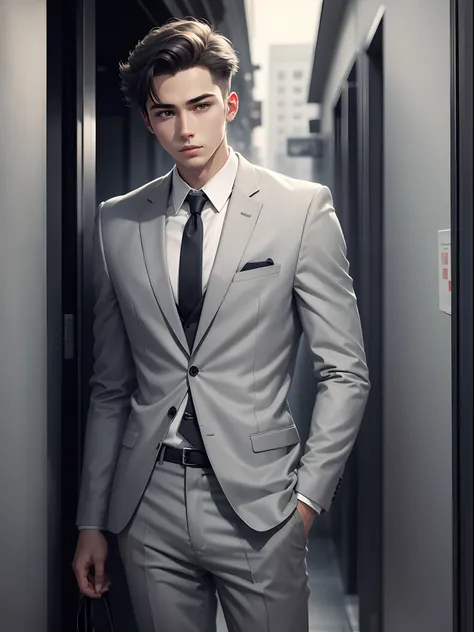 a young man in a gray suit, Line Art, Cinematic, Lonely, Natural Lighting