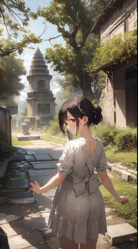 Explore Thailands traditional ruins、beautifly、Adorable、Create a masterpiece image of a girl with clear eyes。She wears traditional Thai costume and、The fabric is painted with maximum realism.、Different textures are emphasized。Her skin is also rendered。Subtl...