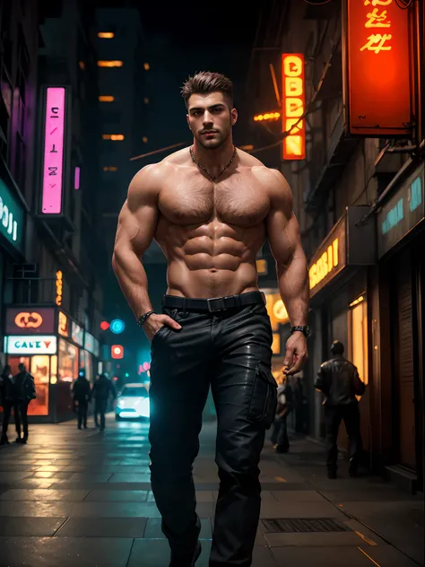 masterpiece, best quality, high resolution, closeup portrait, full body, close camera, male focus, solo focus, muscular, burly, hairy, male, (no shirt: 1.2), A handsome man, with robot body parts, in a cyberpunk city, neon lights, blurred background, scruf...