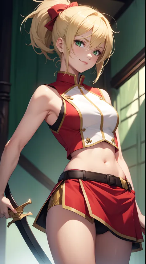 young girl, short blonde hair, high ponytail, Green eyes, Red Knight Uniform, Sleeveless, open shoulders, open belly, a sword, smirk, Masterpiece, hiquality, 4k, HD, Good detail