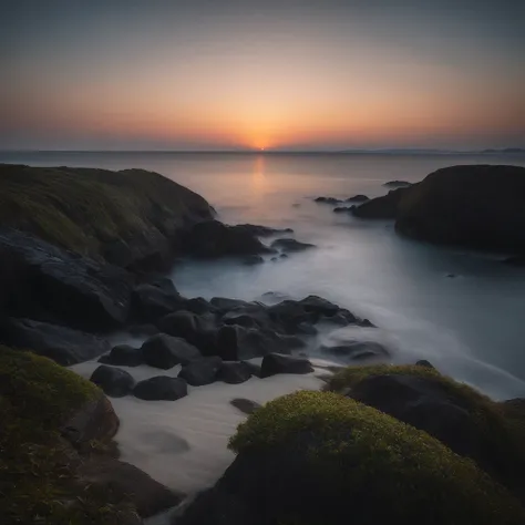 Magnificent view，Wonders of the world，Sunrise dawn，Marine landscape photography，Pale sunrise, Calm without wind，Magnificent fluorescent sea surface，Clean and transparent seawater，sandbeach，Yamakawa，strait，Majestic megalithic complex，Cliffs overlook the lan...