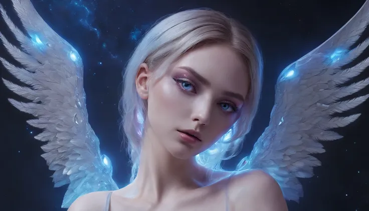 Cosmic Fallen Angel, glowing light eyes, Delicate and beautiful face，Bigchest，Biomechanical, eerie, Dream-like, Very bright colors, Light particles, with light glowing, Mshiv, wallpaper art, UHD wallpaper