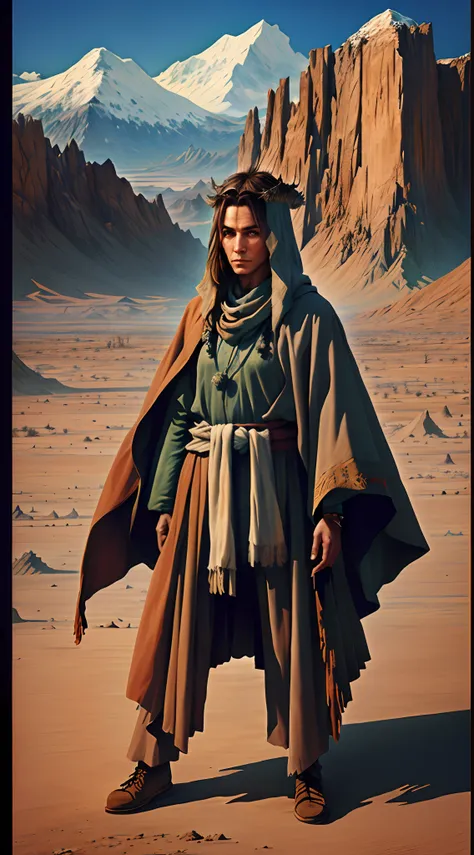 concept art of a character in the forground with a cold desert in the background, a modern shaman , realistic face and head, dif...