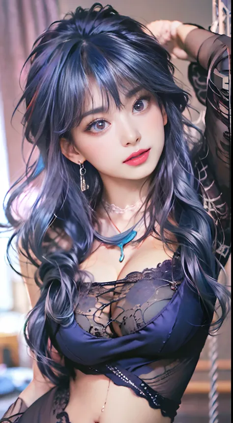 Beautiful and sexy 20 year old girl, Wearing an ultra-thin red dress, ((Long dyed blue hair with blue bangs Purple Platinum White Blue:1.5)), The most detailed jewelry and beautiful hair , ((Wearing a purple lace necklace:1.6) )), Super cute little face, V...