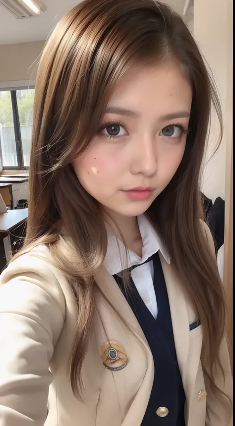 (dasha taran)、big eye、a small face、student clothes、bangss、（(skin tanned))、Japan Female, 18 years old、Brown hair、Wavy Hair、White Blazer Uniform、School Uniforms mini Skirt、‎Classroom