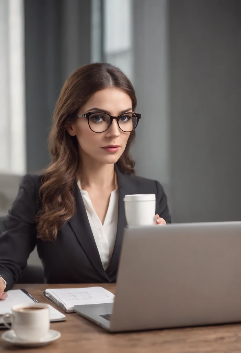 Cartoon Style Businesswoman using laptop Full Body, cabelo castanho com rabo de cavalo , wearing glasses, folha de caracteres