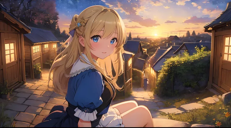 (Best quality:1.2), (masterpiece:1.2), (highly detailed:1.3), 1girl, solo, 1 younger girl, peasant, blonde, blue eyes, in a peasant village, happy, sunset as the day gives place at night, a starry sky begins to disappear above, immersive image, anime