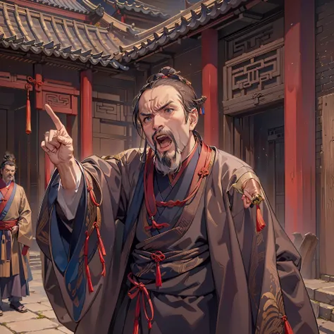 (A middle-aged man, angry)
(Raising his hand and pointing ahead)
(opening mouth to curse)
(In an ancient courtyard)
(Chinese)