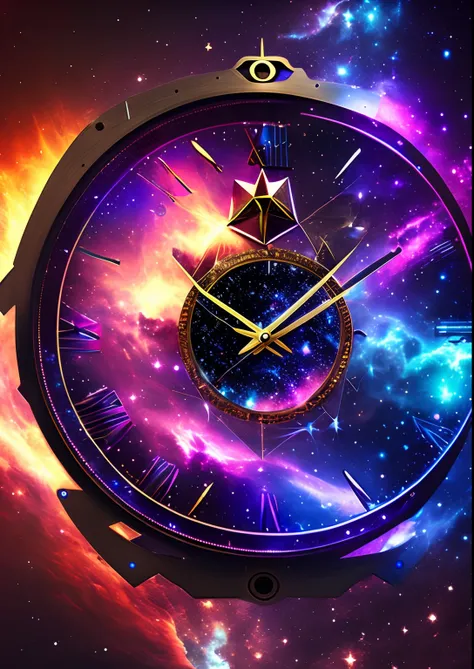 dreamlikeart, galaxy, outer space, nebula, star, [cyberpunked] Clock from the Stars (star:1.5),