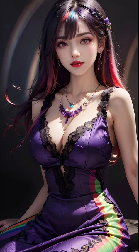 A beautiful and sexy 20-year-old girl, wearing an ultra-thin red dress, a diamond-embellished dress, ((long rainbow-dyed hair:1.6)), bangs, elaborate jewelry made from precious stones, and beautiful hair, ((wearing a purple lace necklace:1.6))), the aristo...