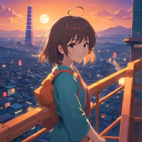 edgBunny，full moon，Moon cake，Mid-Autumn Festival，Matte painting, Highly detailed, Dynamic lighting, Cinematic, Realism, Realistic, photoreali, Sunset, Detailed, High contrast, denoised, Centered, The little girl stood above the city tower