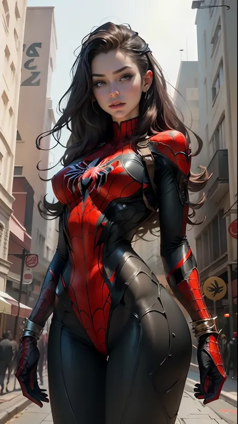 Beautiful woman detailed defined body using spider man cosplay, big breasts