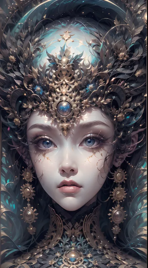 （best qualtiy，ultra - detailed，Most Best Illustration，Best shadow，tmasterpiece，A high resolution，professionalartwork，famousartwork），Detailed eyes，beautidful eyes，closeup cleavage，sci-fy，colored sclera，Robot eyes，face markings，Tattooed with，（fractalized，Fra...