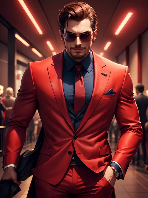 a man with sunglasses wearing a red suit, Line Art, Cinematic, Happy, Evil, Flare