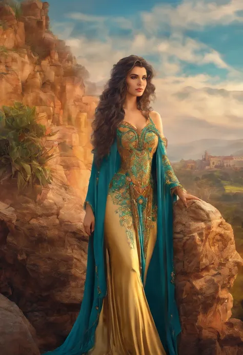 An 8K high-definition portrait of a beautiful gypsy woman, princesa persa, Deusa afrodite, uma deusa de beleza fenomenal, a mais bela das mulheres, mulher iraniana de estrema beleza,((tiro de todo o corpo)),(( com longos cabelos cacheados)), ((vestido long...