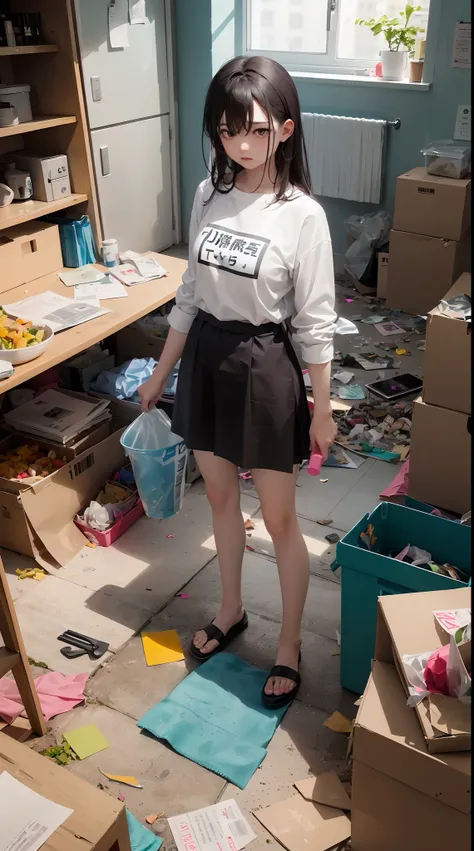 this illustration is、pretty girl standing in a room filled with garbage、it depicts a moment when you are furious about the situa...