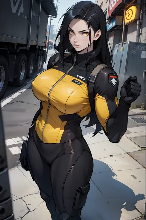 1 girl, black hair, yellow eyes, very long hair, pale skin, ((((extremely muscular)))), large breasts, curvy, concrete, shadow, dark atmosphere, (pilot suit), car